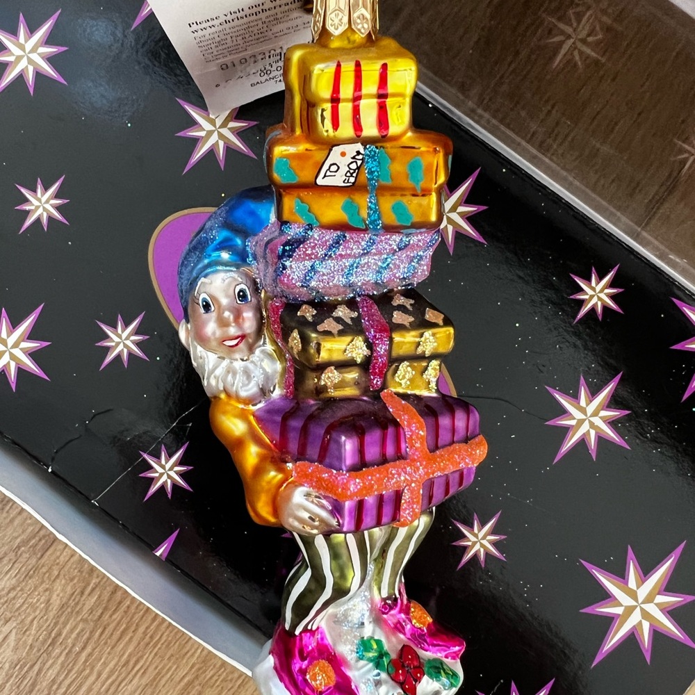 Vintage Christopher Radko from the collector era, tag attached Elf with packages